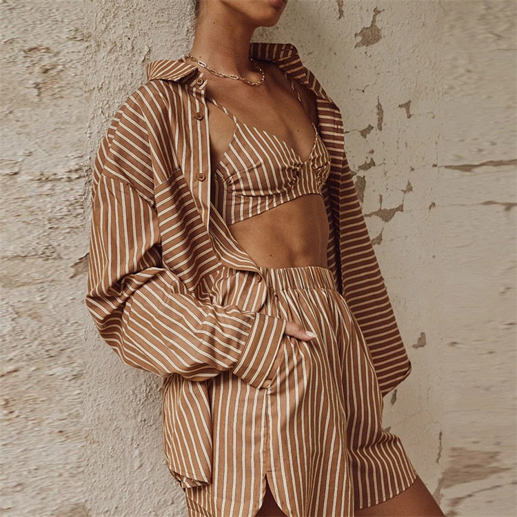 Bra Tops + Long Sleeve Shirt + Short Pants Set
