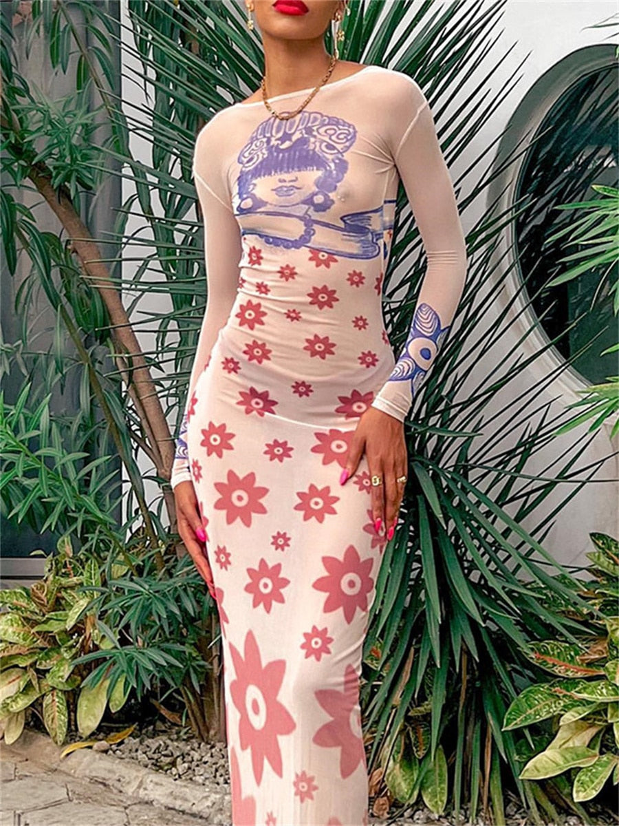 Floral Print Backless Mesh Long Bodycon Dress
