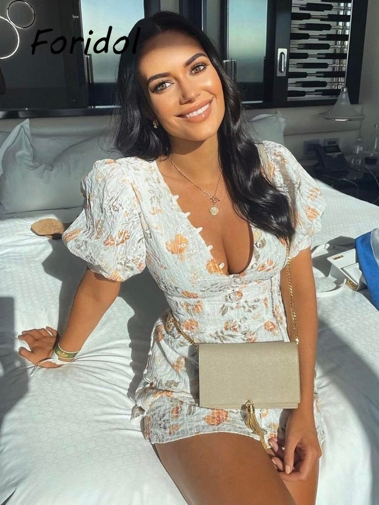 Floral Puff Sleeve Embroidery Mini Dress