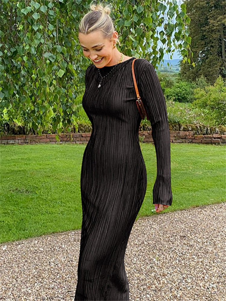Long Sleeve Bodycon Striped Long Dress