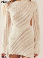 White Knitted Sexy See Through Mini Dresses