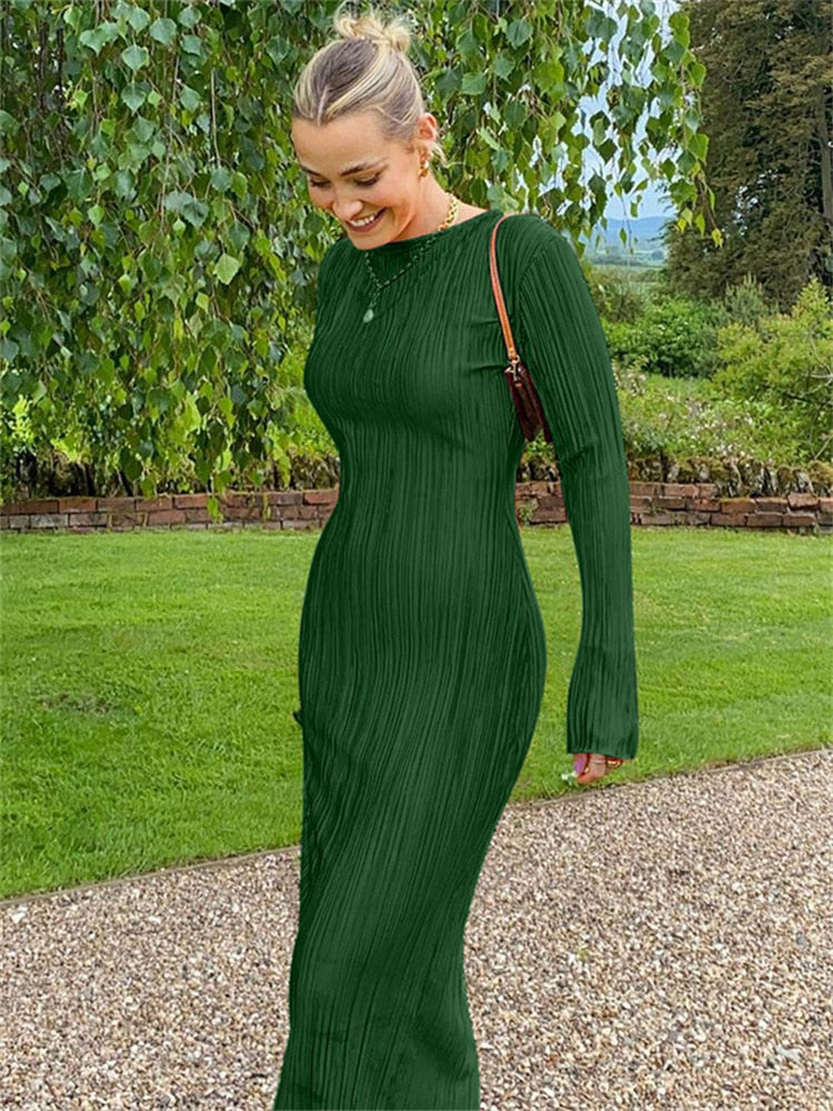 Long Sleeve Bodycon Striped Long Dress