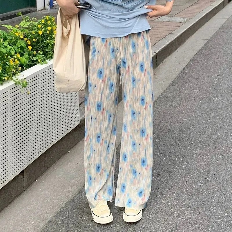 Blue Floral Wide Leg Trousers Pants