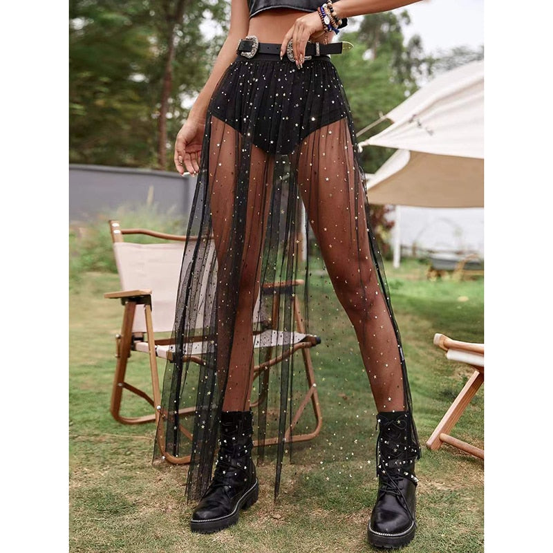 High Waist See Through Lace Maxi Skirt