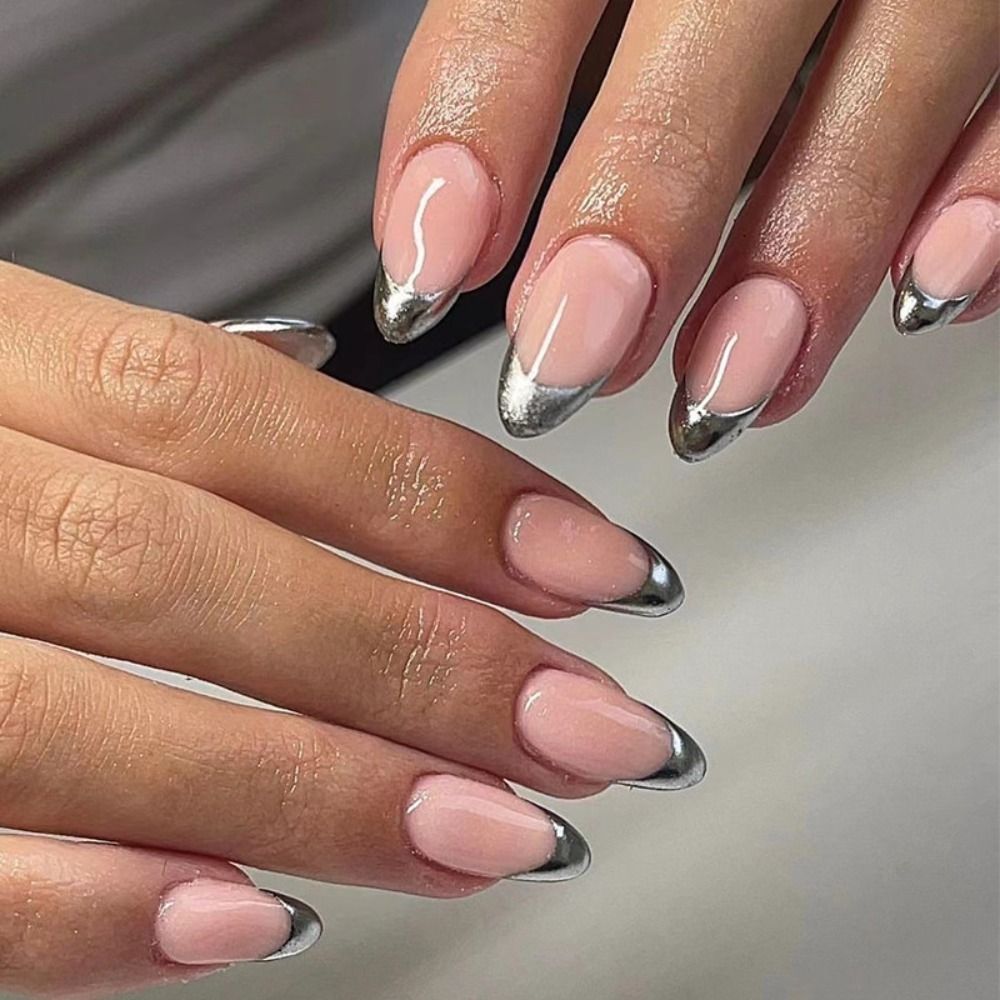 24Pcs/Set French Metallic Tip Stiletto Nails