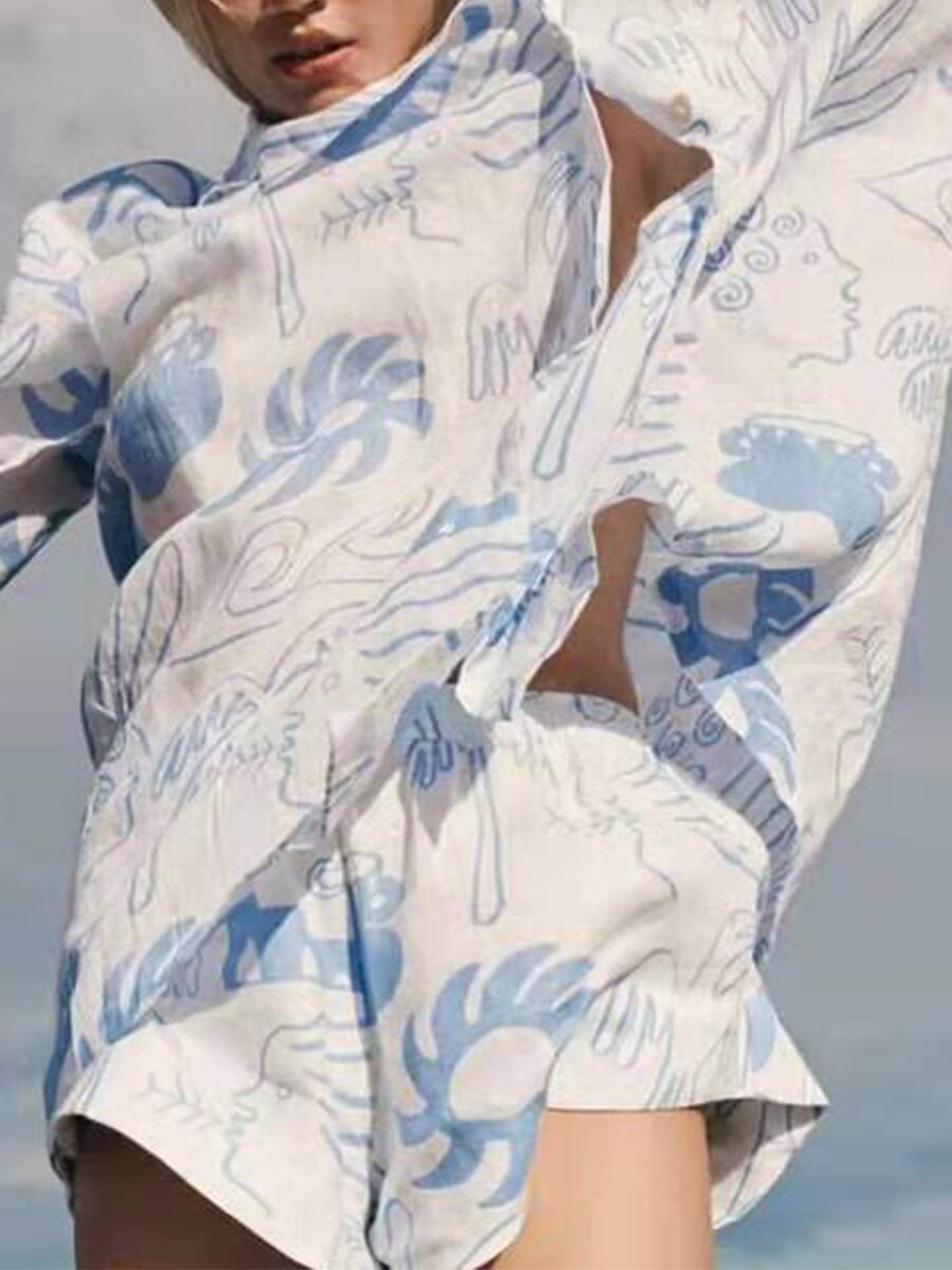 Blue Cotton Printed Two Piece Set