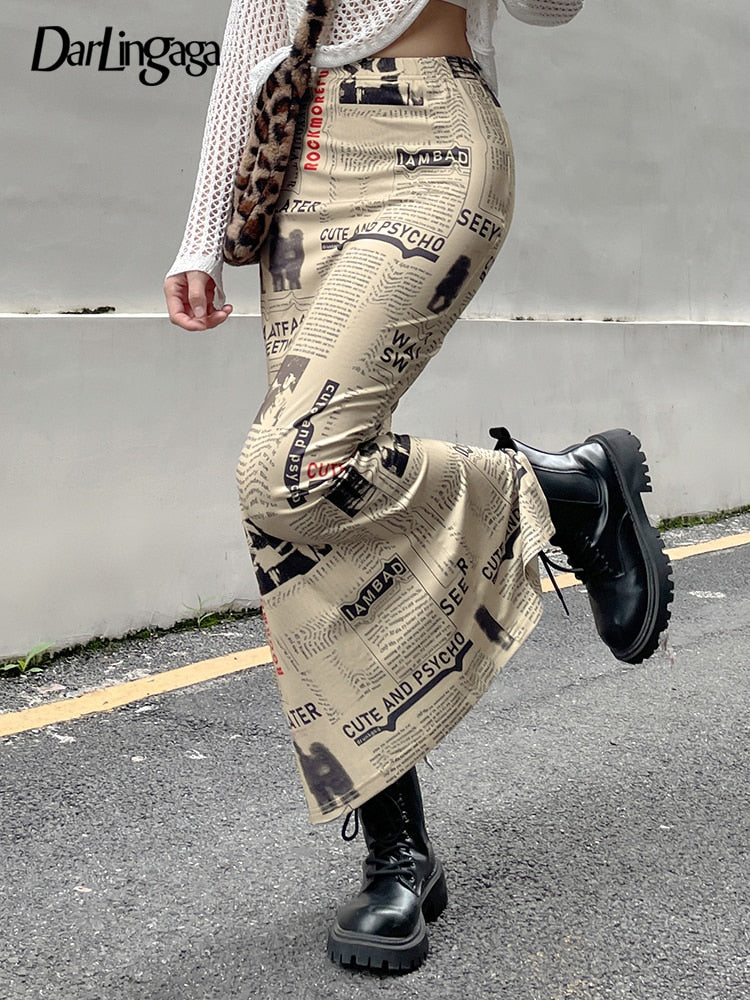 Newspaper Letter Print High Waist Long Skirt