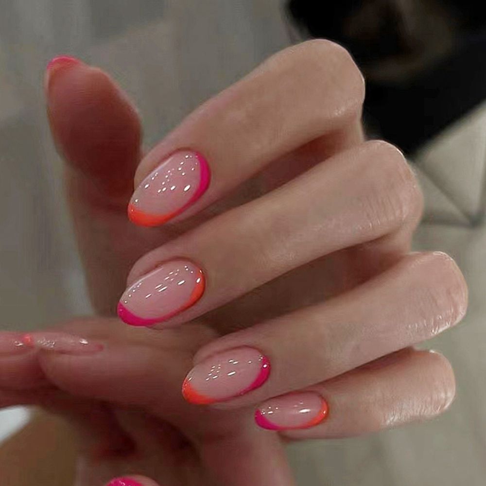 24Pcs/Set Neon Pink/Orange French Stiletto Nails