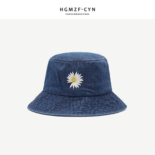 Denim Daisy Embroidery Bucket Hat