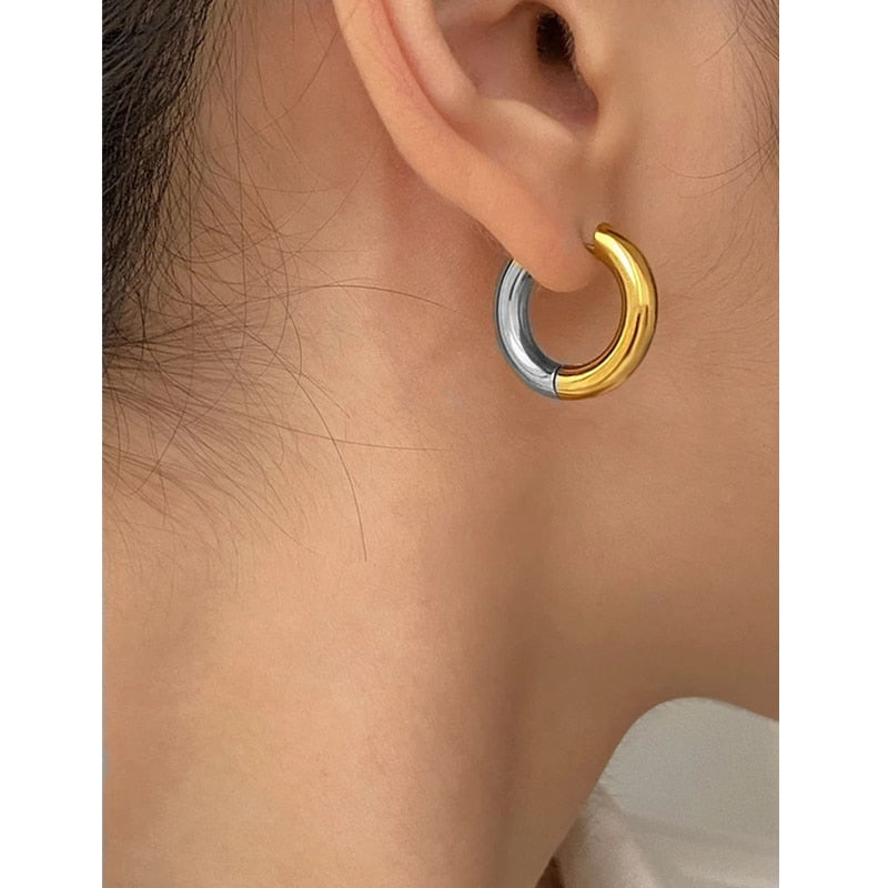 Metal With Two-color Hoop Earrings